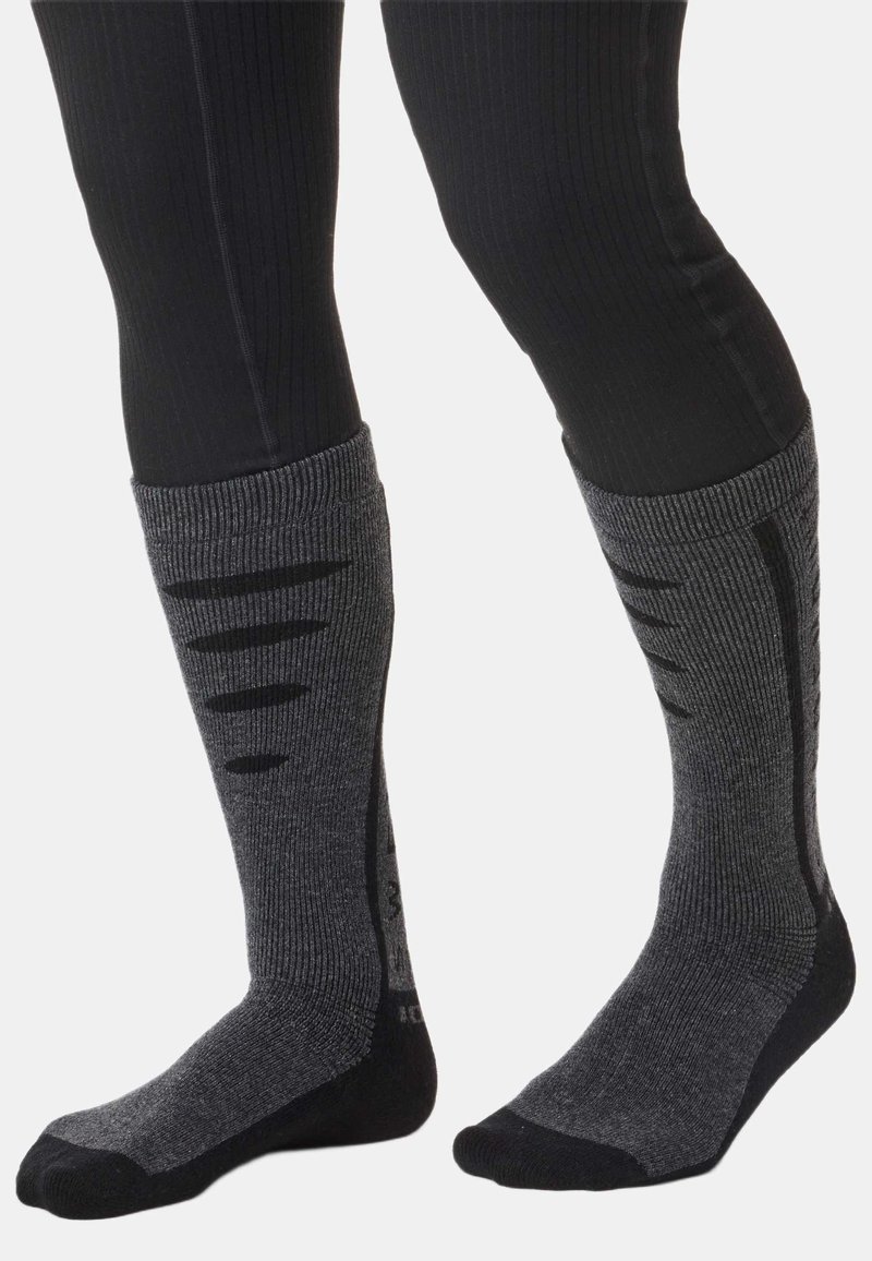 Grau kniehohe Socken mit schwarzen Akzenten, gerippter Textur, vertikalen Streifenmustern, verstärkter Zehen- und Fersenpartie, entwickelt für Langlebigkeit und Komfort.