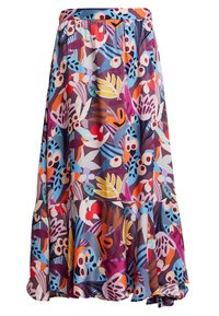 Spódnica w kwiatowy wzór na fioletowym tle, z wielobarwnymi liśćmi i kwiatami, z falbanami u dołu, elastyczna talia dla wygody.