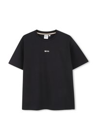 Melnas kokvilnas T-kreklas ar apaļu kakla izgriezumu un īsām piedurknēm. Uz krūtīm centrā ir neliels balts "BOSS" logo. Mīksta tekstūra.