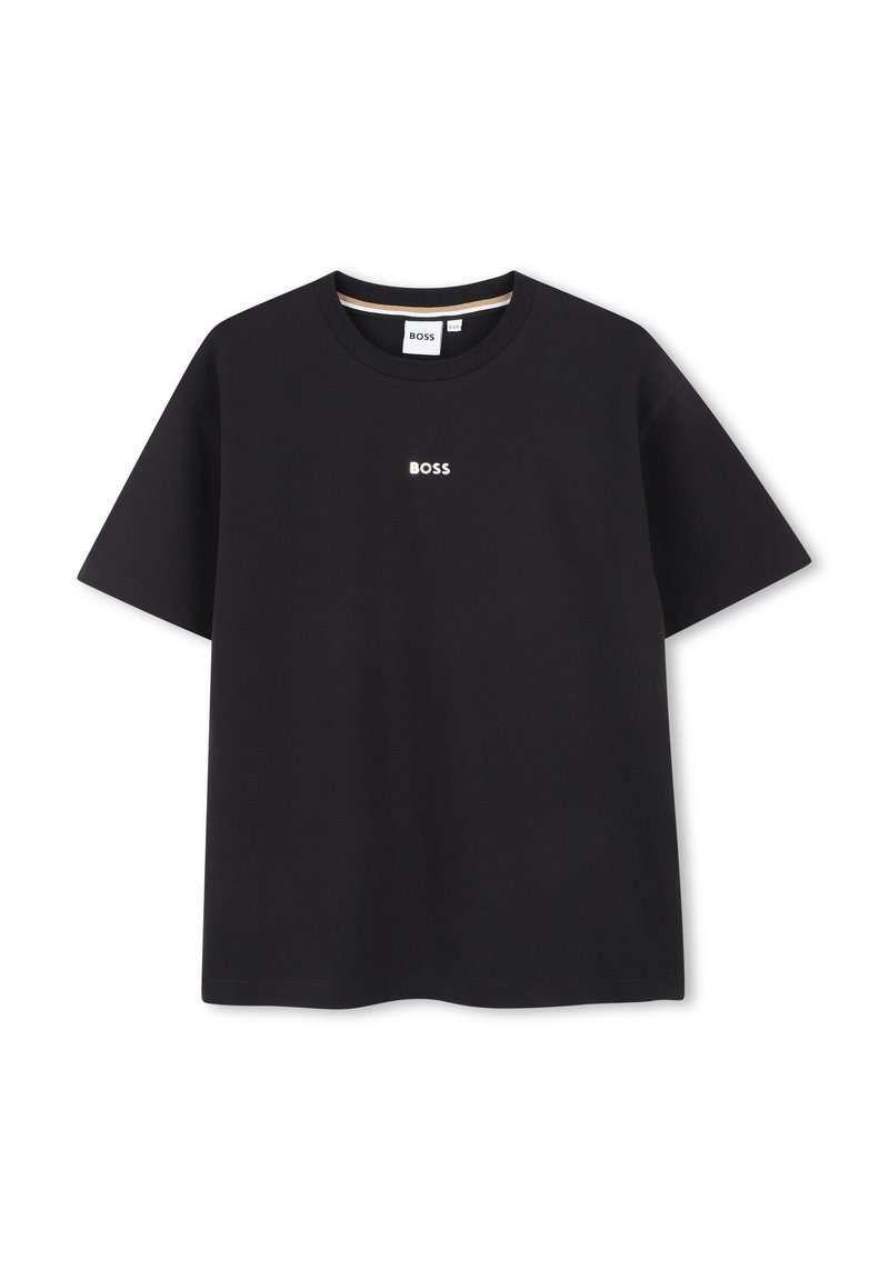 Melnas kokvilnas T-kreklas ar apaļu kakla izgriezumu un īsām piedurknēm. Uz krūtīm centrā ir neliels balts "BOSS" logo. Mīksta tekstūra.