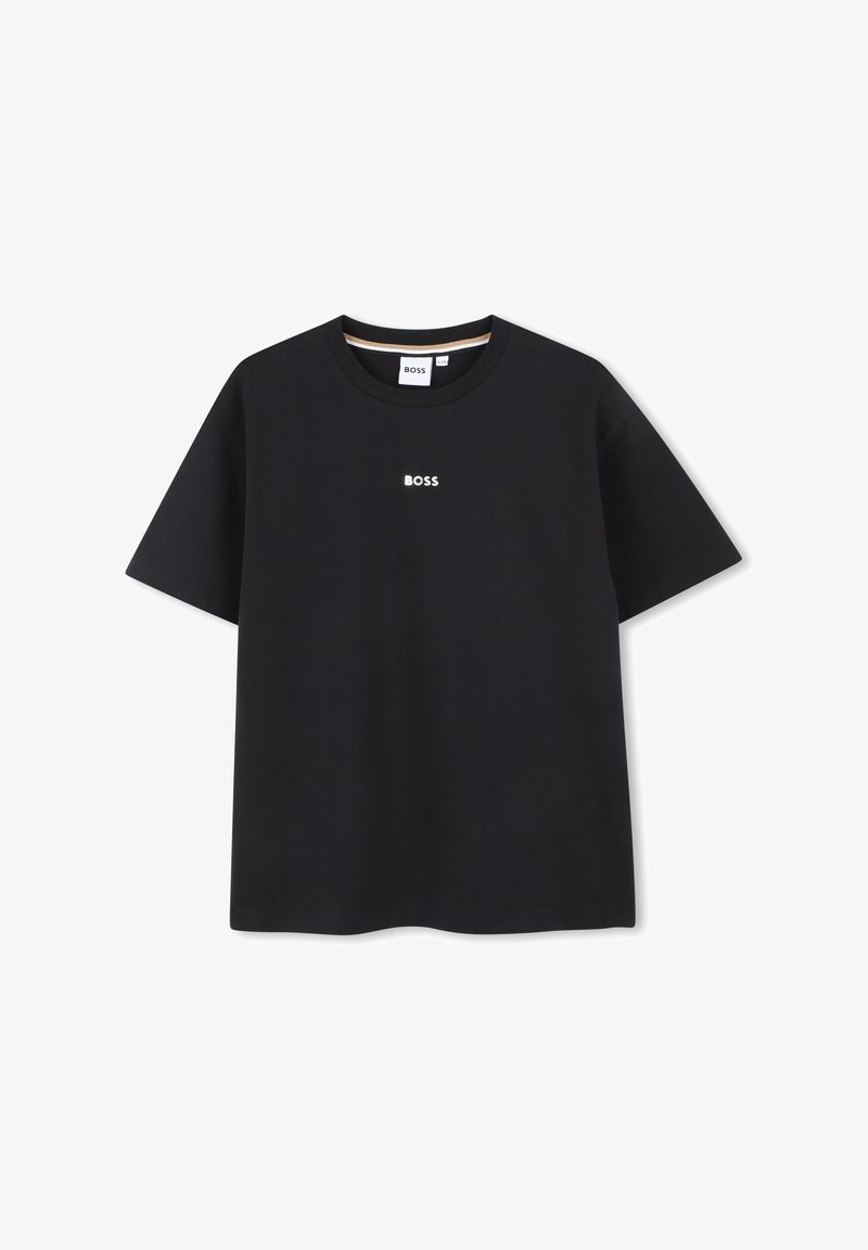 Melnas kokvilnas T-kreklas ar apaļu kakla izgriezumu un īsām piedurknēm. Uz krūtīm centrā ir neliels balts "BOSS" logo. Mīksta tekstūra.