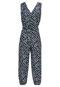 Combinaison noire sans manches avec motif floral diagonal blanc, fermeture éclair devant, ceinture à la taille et poignets froncés aux chevilles.