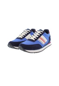 Men's athletic sneakers featuring a mix of navy blue mesh and suede, with white and red accents, round toe, and lace-up closure.