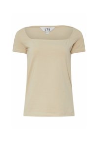 Beige lyhythihainen t-paita pehmeästä kankaasta, jossa on nelikulmainen pääntie ja rento malli. Ei näkyviä kuvioita tai koristeita.