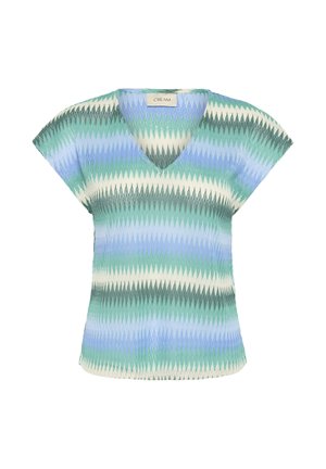 Pull à manches courtes et col en V avec des rayures en zigzag bleu, vert et blanc et un motif en tricot texturé, étiqueté "CREAM" au niveau du col.