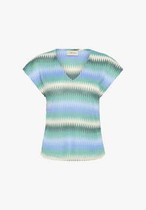 Pull à manches courtes et col en V avec des rayures en zigzag bleu, vert et blanc et un motif en tricot texturé, étiqueté "CREAM" au niveau du col.