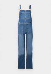 Spijkerbroekoveralls met verstelbare bandjes, voor- en achterzakken en een losse, rechte pijp. Kleur: middenblauw met een vervaagd effect.