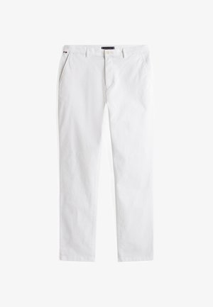 Hvite bukser med rette ben, knapp- og glidelåslukking, beltestropper, sidelommer og liten logoetikett på midjen.