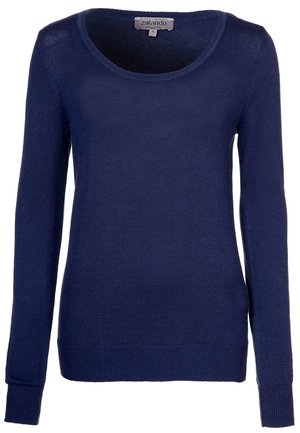 Marineblauer Langarm-Strickpullover mit rundem Ausschnitt, gerippten Bündchen und Saum, Größe klein.