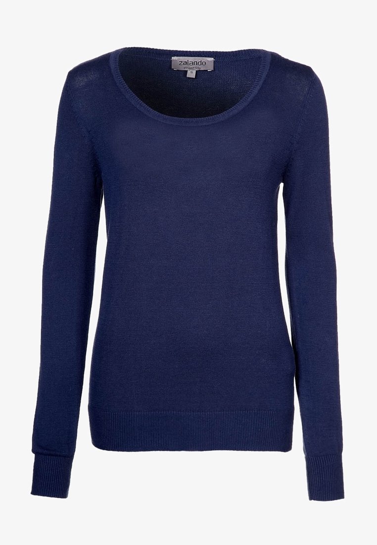 Pull en maille bleu marine à manches longues avec encolure ronde, poignets et ourlet côtelés, taille petite.