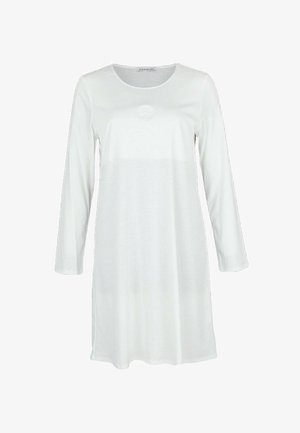 Biała sukienka z długim rękawem, uszyta z miękkiego materiału, z okrągłym dekoltem i okrągłym logo na piersi. Gładka faktura, prosty krój.