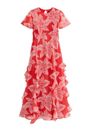 Vestido maxi rojo con un gran estampado floral en tonos rosa pálido, mangas cortas, cuello redondo, abertura en la espalda y detalle de volantes en el dobladillo.