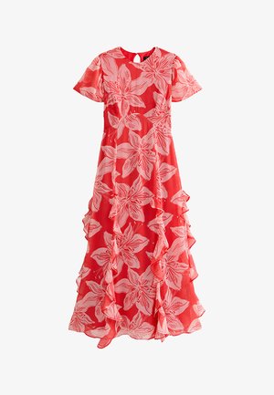 Rode maxi-jurk met grote lichtroze bloemenprint, korte mouwen, ronde halslijn, keyhole-rug en ruches langs de zoom.