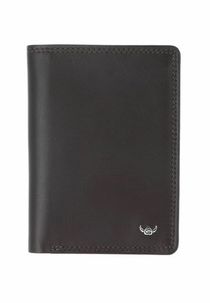 Portefeuille bi-pli en cuir noir avec des coutures soignées et un petit logo argenté dans le coin inférieur droit.