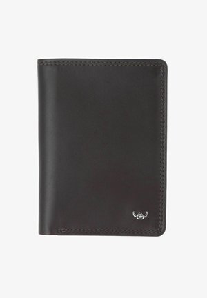 Portefeuille bi-pli en cuir noir avec des coutures soignées et un petit logo argenté dans le coin inférieur droit.