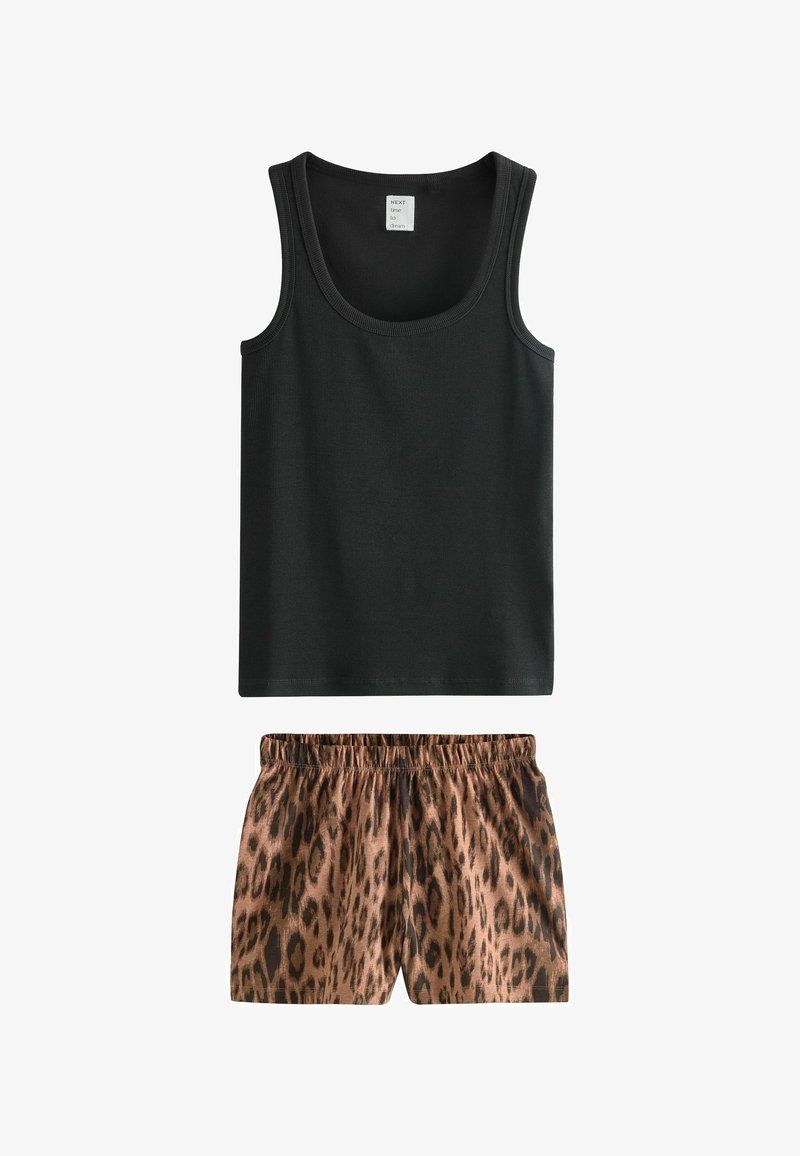 Débardeur noir sans manches à côtes associé à un short marron à imprimé léopard avec taille élastique, présenté à plat sur un fond blanc.