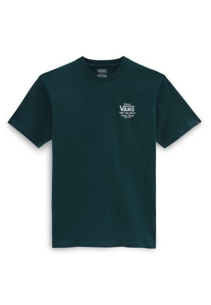Donkergroene Vans T-shirt met korte mouwen en een witte "Vans Off The Wall"-logo op de linkerborst en een klein label op de linker mouw.