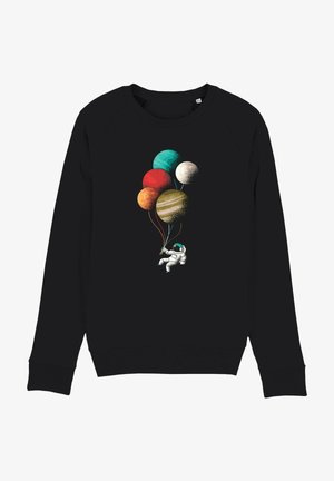 Czarna bluza z kapturem przedstawiająca astronautę trzymającego kolorowe balony w kształcie planet: czerwony, niebieski, zielony, pomarańczowy, beżowy i brązowy, z teksturowaną powierzchnią.