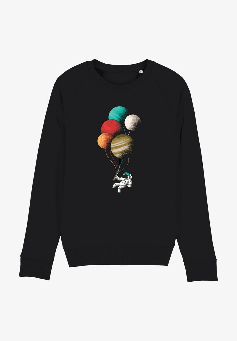 Sudadera negra con un astronauta sosteniendo globos de planetas de colores: rojo, azul, verde, naranja, beige y marrón, con una superficie texturizada.