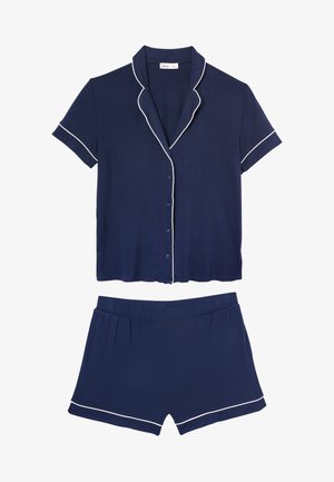 Marineblaues kurzärmeliges Hemd mit Knopfleiste und passenden Shorts mit weißer Paspelierung am Kragen, an den Ärmeln und am Saum.