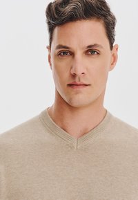 Beżowy sweter z dzianiny o dekolcie w kształcie litery V, z gładką fakturą i prążkowanymi akcentami przy dekolcie. Model ma krótkie włosy, a tło jest neutralne.