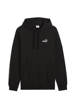 Black fleece hoodie features a kangaroo pocket, drawstring hood, and white Puma logo on the left chest. Soft texture and regular fit.