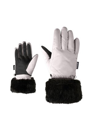 Winter gloves featuring a gray quilted upper, black palm, and a black faux fur cuff. Includes elastic wrist for a secure fit.