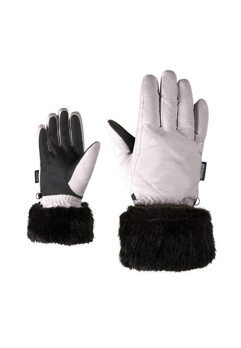 Winterhandschuhe mit einem grauen gesteppten Obermaterial, schwarzem Handflächen und einem schwarzen Kunstpelz-Bündchen. Einschließlich elastischem Handgelenk für einen sicheren Sitz.