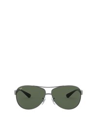 Occhiali da sole Ray-Ban con montatura in metallo argento, lenti verde scuro e punte in gomma nere. Presentano una doppia barra sopracigliare e naselli regolabili.