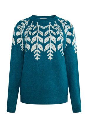 Tearfarvet strikket sweater med et hvidt bladmønster langs yoke. Rund halsudskæring, lange ærmer og ribbet kant og manchetter.