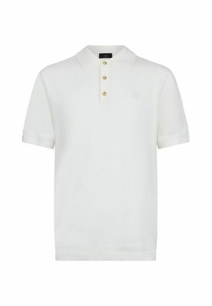 Weißes Polohemd mit kurzen Ärmeln, drei beigen Knöpfen und einem kleinen, dezenten Logo auf der linken Brust.