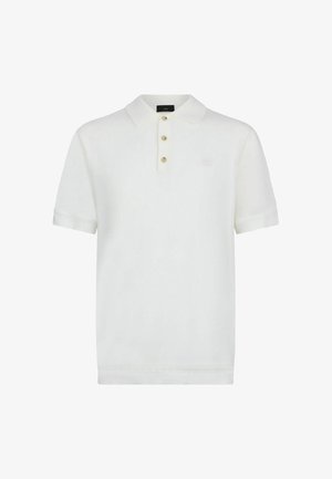 Bela polo majica s kratkimi rokavi, tremi bež gumbi in majhnim subtilnim logotipom na levi strani prsnega koša.