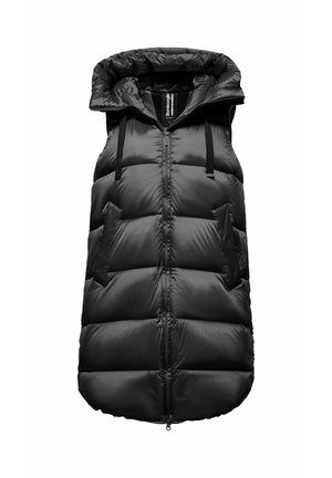 Gilet imbottito smanicato nero con colletto alto, chiusura con zip, due tasche laterali inclinate e cappuccio con cordino.