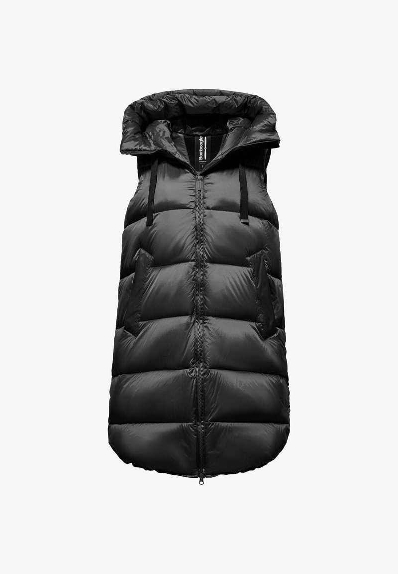Gilet imbottito smanicato nero con colletto alto, chiusura con zip, due tasche laterali inclinate e cappuccio con cordino.
