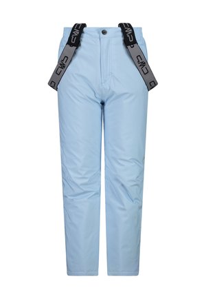 Lysblå skibukser lavet af vandafvisende materiale, med justerbare sorte stropper med logo, en lynlåslomme og en lige pasform.