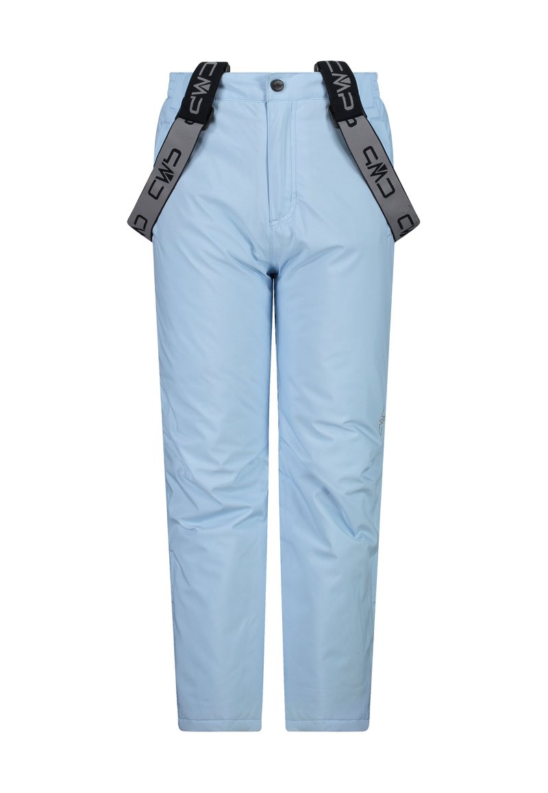 Lysblå skibukser lavet af vandafvisende materiale, med justerbare sorte stropper med logo, en lynlåslomme og en lige pasform.