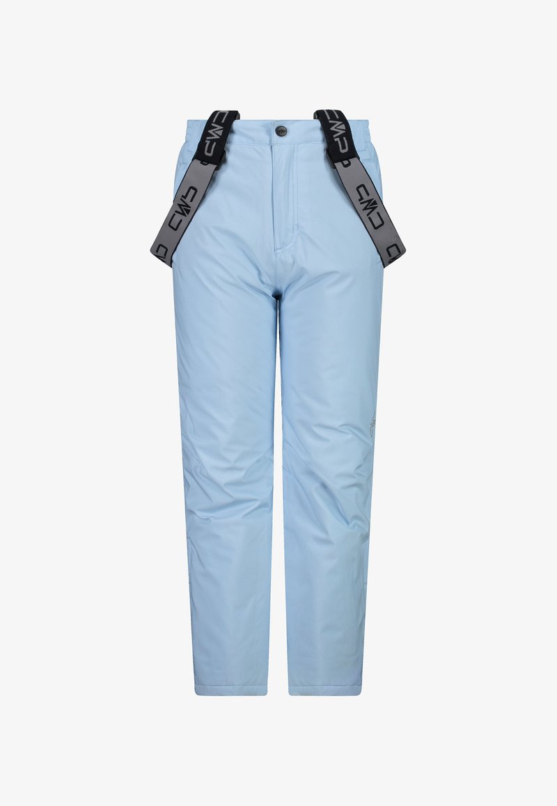 Lysblå skibukser lavet af vandafvisende materiale, med justerbare sorte stropper med logo, en lynlåslomme og en lige pasform.