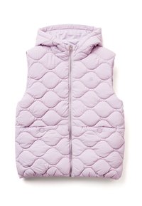 Helllila, gesteppte Weste mit Kapuze, ausgestattet mit einem Reißverschluss vorne und zwei runden Taschen. Der Stoff hat eine weiche, strukturierte Oberfläche.