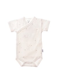 Kurzärmeliger Creme-Bodysuit mit verstreutem, hellbraunem Sternmuster, überkreuzter Vorderseite, Druckknopfverschlüssen und weichem Baumwollmaterial.