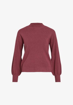 Pull en maille bordeaux avec un col haut et de longues manches bouffantes. Tissu texturé et coupe décontractée avec des détails côtelés au niveau du col et des poignets.