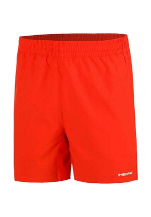Rote Sportshorts mit einem elastischen Bund, aus leichtem Stoff gefertigt. Auf der unteren rechten Seite befindet sich ein kleines weißes Logo.