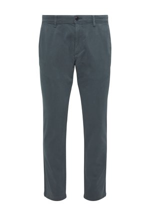 Dunkelgraue Baumwollchinos mit geradem Schnitt, Gürtelschlaufen, Taschen vorne und einer einzelnen Tasche hinten. Glatte Textur, keine Muster.
