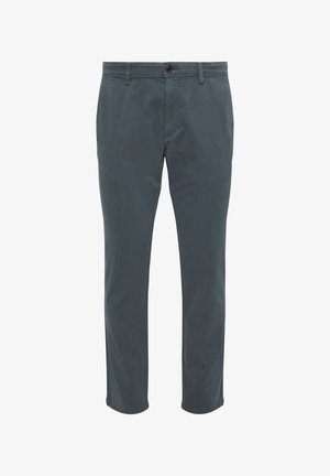 Tumed hallid puuvillased chino püksid sirge lõikega, vöökohaga, esi-taskute ja ühe taga-taskuga. Sile tekstuur, mustreid pole.