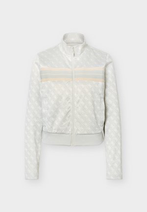 Λευκό μπουφάν με ολόκληρο φερμουάρ, διακριτικό μοτίβο με διαμάντια, ανοιχτό μπεζ και γκρι οριζόντιες ρίγες στο στήθος και ριμπ μανσέτες και τελείωμα.