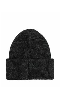 Czarna wełniana czapka z zawiniętym mankietem, z teksturowanym wzorem i subtelnymi srebrnymi drobinkami w tkaninie.