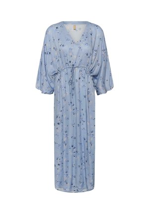 Robe maxi bleue claire à motif floral avec encolure en V, manches ballon et ceinture à nouer ajustable.