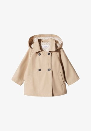 Cappotto doppiopetto beige per bambini con cappuccio, fodera a motivo floreale, due tasche frontali e bottoni neri su sfondo bianco.
