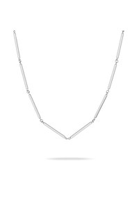 Collana in argento con anelli rettangolari allungati e piccoli accenti rotondi, con una finitura liscia e lucida.