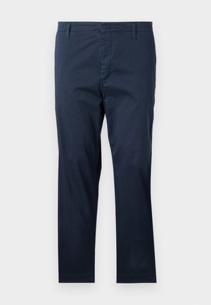 Granatowe bawełniane spodnie o prostym kroju, z paskami na pasek i zamkiem błyskawicznym, gładka tekstura i starannie wykończone nogawki.