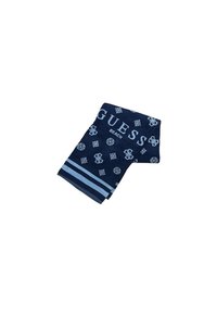 Asciugamano da spiaggia blu navy in cotone, con motivi blu chiaro e la parola "GUESS" in evidenza. Accenti a righe nella parte inferiore.